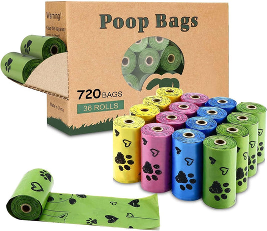 720 Biodegradable Dog Poop Bags – Extra-Thick, Leak-Proof, Scented Waste Bags with Dispenser in 4 Colors (Green, Blue, Yellow, Pink)