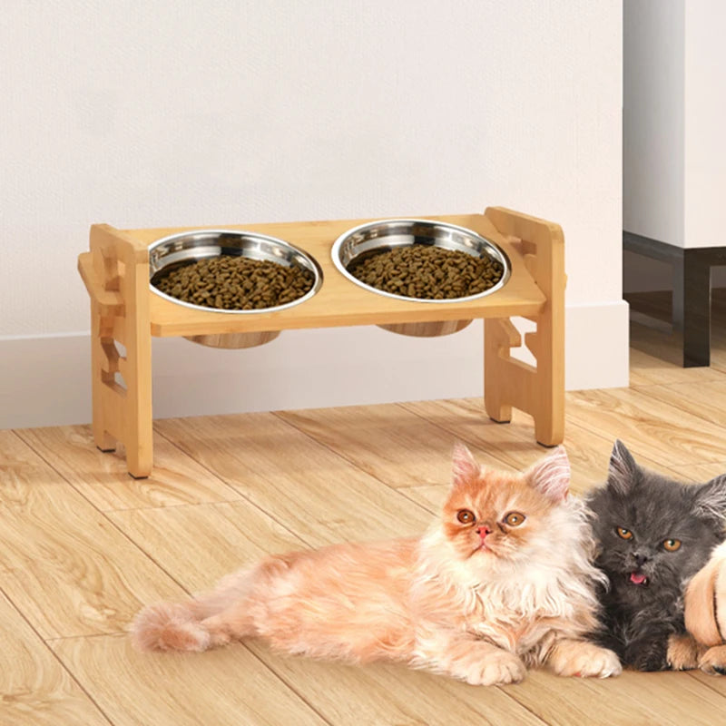 Adjustable Elevated  Bowls Stand – Bamboo Tilted Feeder with Stainless Steel Bowls for Puppies, Cats, and Pets