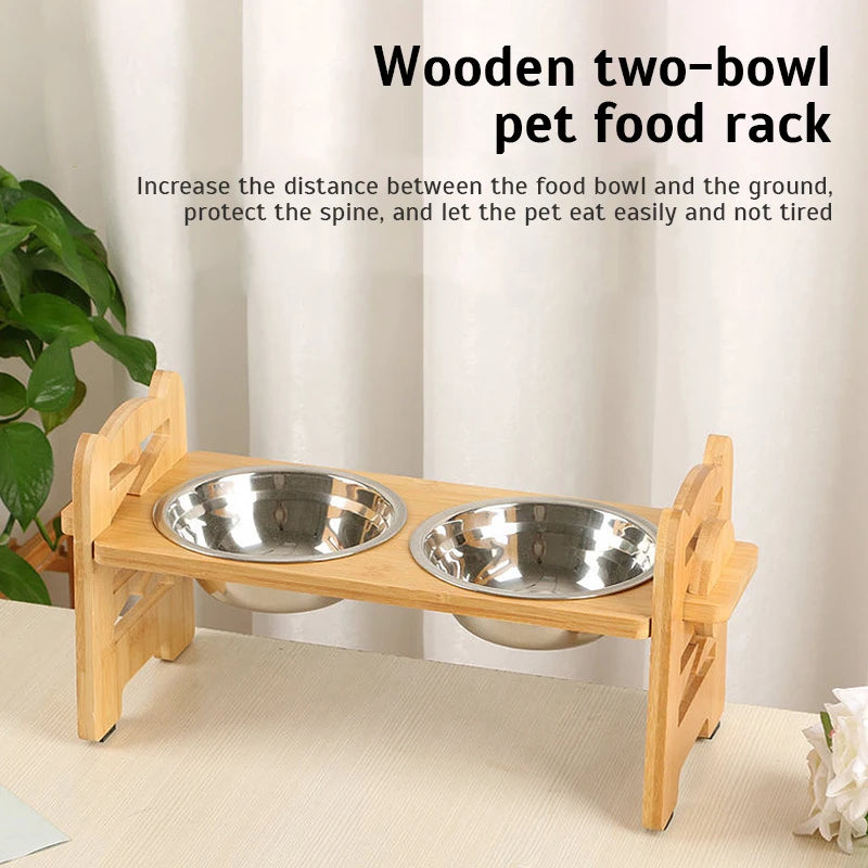 Adjustable Elevated  Bowls Stand – Bamboo Tilted Feeder with Stainless Steel Bowls for Puppies, Cats, and Pets