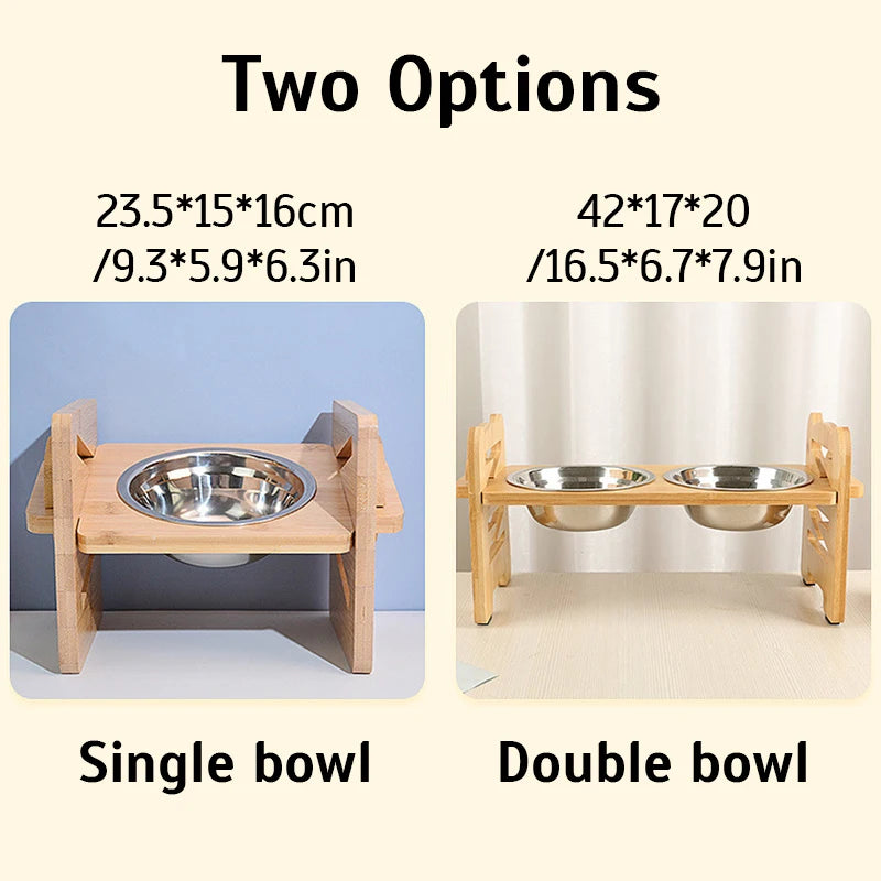 Adjustable Elevated  Bowls Stand – Bamboo Tilted Feeder with Stainless Steel Bowls for Puppies, Cats, and Pets