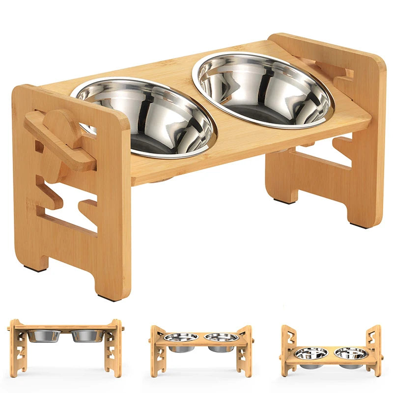 Adjustable Elevated  Bowls Stand – Bamboo Tilted Feeder with Stainless Steel Bowls for Puppies, Cats, and Pets