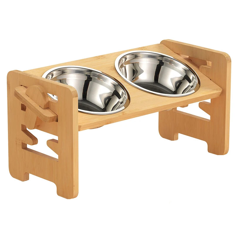 Adjustable Elevated  Bowls Stand – Bamboo Tilted Feeder with Stainless Steel Bowls for Puppies, Cats, and Pets