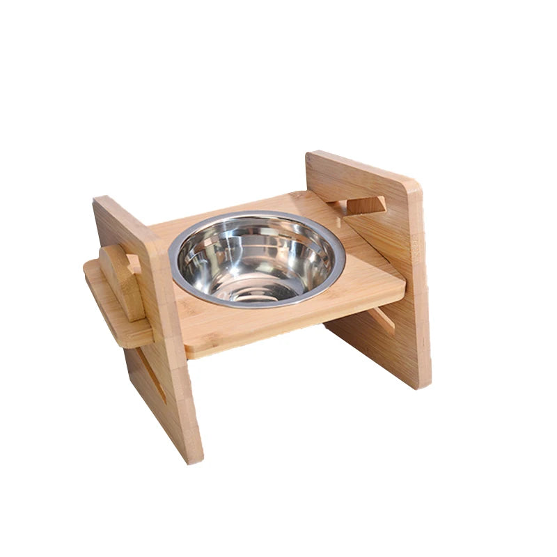 Adjustable Elevated  Bowls Stand – Bamboo Tilted Feeder with Stainless Steel Bowls for Puppies, Cats, and Pets