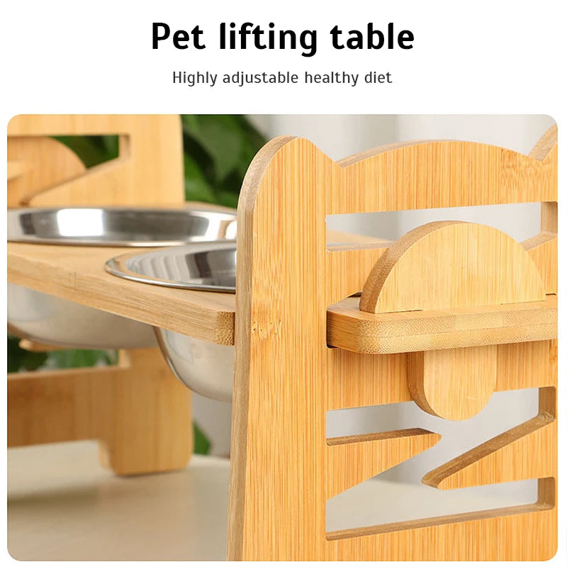 Adjustable Elevated  Bowls Stand – Bamboo Tilted Feeder with Stainless Steel Bowls for Puppies, Cats, and Pets